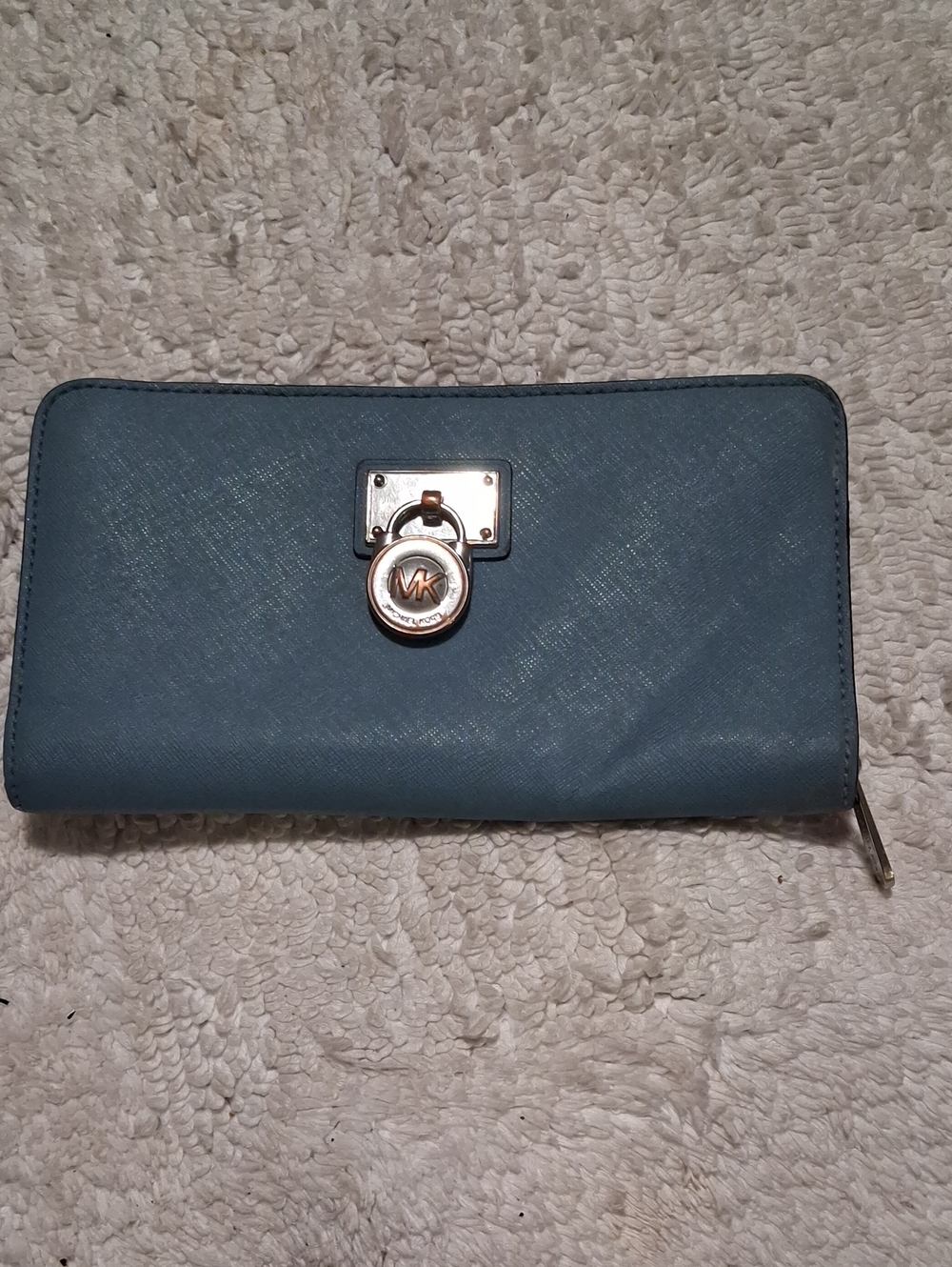 Michael Kors Dusty Blue Zip-Around Saffiano Wallet with Gold Accent